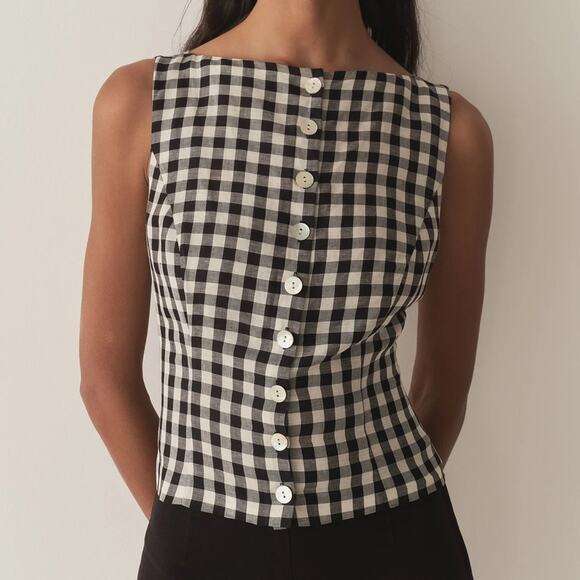 Doen Tops - Doen Hayden Linen Button Boatneck Sleeveless Top Black Marilyn Gingham White